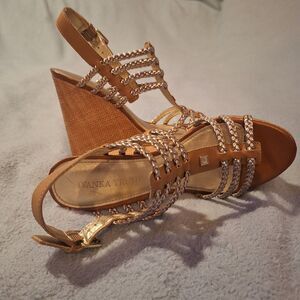 IVANKA TRUMP Gold Women 5.5 Wedge Heels Sandals *small spot* see pics